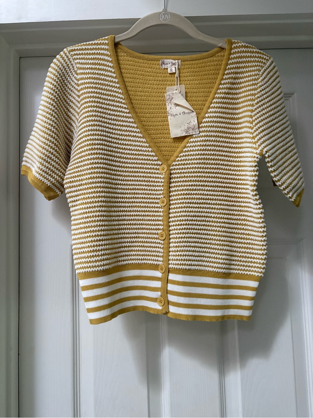 Hem & Thread Mustard and White Striped Short-Sleeve Button Cardigan